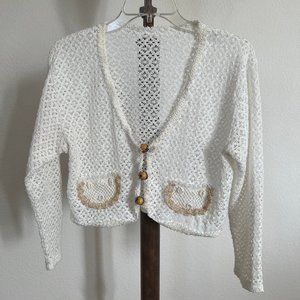 Women's Size S White Open-Knit Button-Front Drop Shoulder V-Neck Cardigan